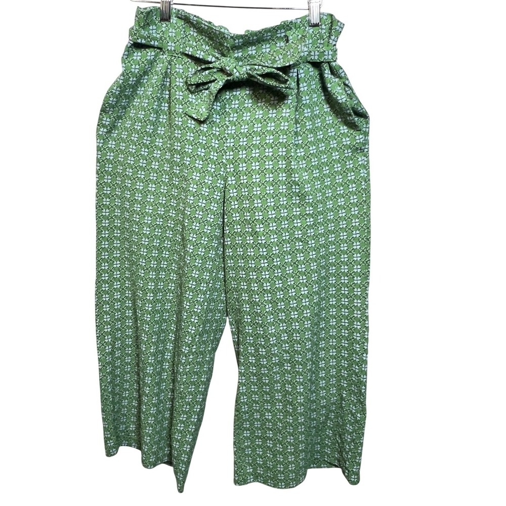 Max Studio Green Geometric Floral Paperbag Waist Wide Leg Pants Size M Bohemian